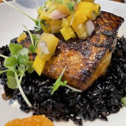 Mahi Mahi with forbidden sticky rice and mango salsa. Mahi Mahi with forbidden sticky rice and mango salsa.