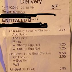 China 19 - Owner printed Entitled bitch on a receipt