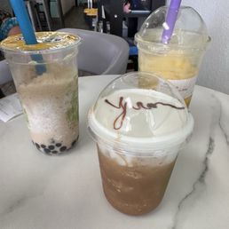 Milk tea blended, mango slush, salted foam coffee Milk tea blended, mango slush, salted foam coffee