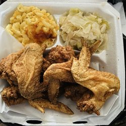 Lv's Restaurant - 6 Wing Dinner.  The sides are Cabbage with Bacon.  Macaroni and Cheese.   It also came with cornbread.