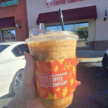 San Fernando Coffee - Valley Girl latte- vanilla, oat milk, and espresso with caramel drizzle - Coffee & Tea Near Me - Palmdale, California San Fernando Coffee - Valley Girl latte- vanilla, oat milk, and espresso with caramel drizzle - Coffee & Tea Near Me - Palmdale, California