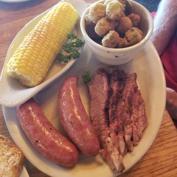 The County Line - Sausage platter corn and okra - Barbeque Near Me - Austin, Texas