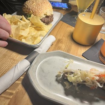 The Leavitt Theatre - Smash burger with chips and beef on a stick (forgot the exact name) - Cocktail Bars Near Me - Ogunquit, Maine