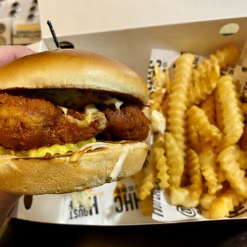 Houston TX Hot Chicken - Medium Chicken Sandwich with Fries and Sauce - Chicken Shop Near Me - Las Vegas, Nevada Houston TX Hot Chicken - Medium Chicken Sandwich with Fries and Sauce - Chicken Shop Near Me - Las Vegas, Nevada