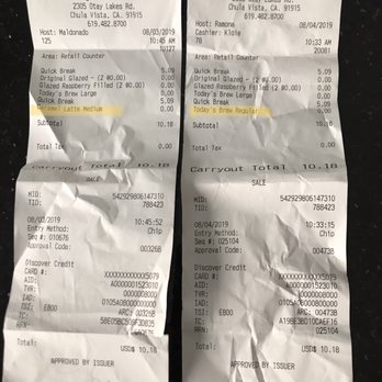 Krispy Kreme - Receipt from 8/3 clearly shows the latte was included with no additional charge. - Donuts Near Me - Chula Vista, California