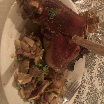 Gasthaus Bavarian Hunter - schwinehaxen with warm potato salad and fried potatoes. - German Near Me - Stillwater, Minnesota