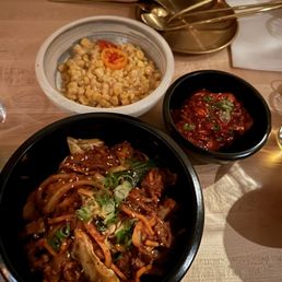 Corn cheese, kimchi, spicy pork Corn cheese, kimchi, spicy pork