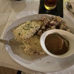 Chicken Kiev, potato dumplings, German potato salad. Chicken Kiev, potato dumplings, German potato salad.