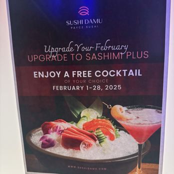 Sushi Damu - Valentine special (we did sashimi plus but did not get offered a free cocktail) - Sushi Bars Near Me - Tustin, California Sushi Damu - Valentine special (we did sashimi plus but did not get offered a free cocktail) - Sushi Bars Near Me - Tustin, California