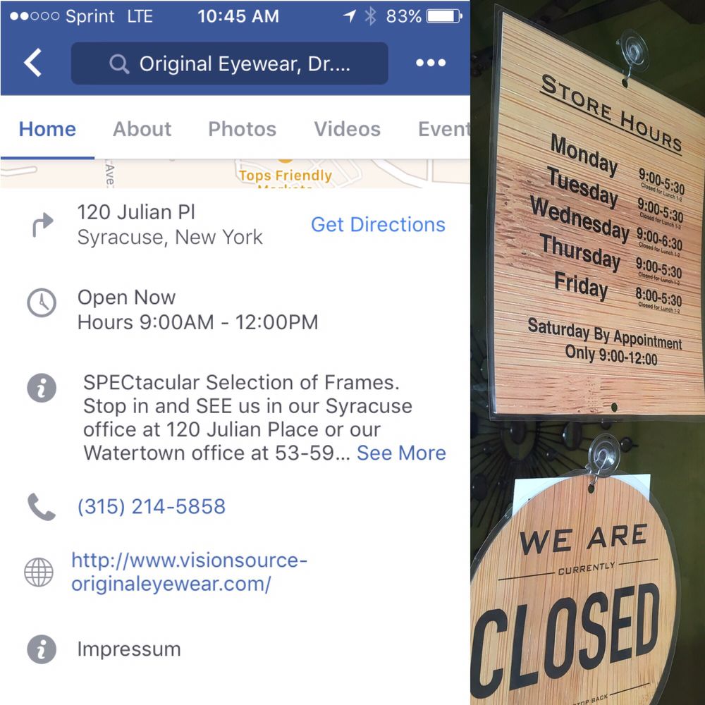 Original Eyewear - The sign & the information on their Facebook. - Eyewear & Opticians Near Me - East Syracuse, New York Original Eyewear - The sign & the information on their Facebook. - Eyewear & Opticians Near Me - East Syracuse, New York