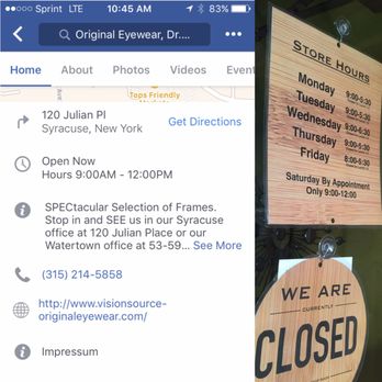 Original Eyewear - The sign & the information on their Facebook. - Eyewear & Opticians Near Me - Syracuse, New York
