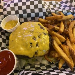 Cheeseburger (no bun) and fries. Cheeseburger (no bun) and fries.