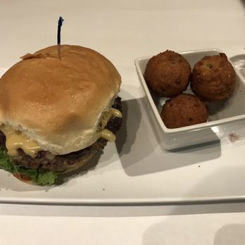 1885 Grill - Depot Burger with Gouda cheese & hush puppies - Seafood Near Me - Acworth, Georgia 1885 Grill - Depot Burger with Gouda cheese & hush puppies - Seafood Near Me - Acworth, Georgia