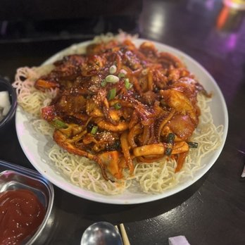 Hanshin Pocha - stir-fried squid on crispy noodles = $24.95 - Korean Near Me - Rowland Heights, California