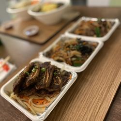 Namul - Sides (left to right): Galbi, Japchae, Bulgogi