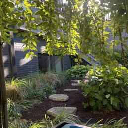 10'X23' Planter & Deck, Finished Service - A garden with a stone pathway, lush plants, and flowering bushes, viewed from a shaded area with sunlight filtering through leaves.