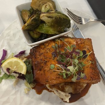 Papi Cuisine - Honey glazed salmon filet with mashed potatoes and brussel sprouts - Cocktail Bars Near Me - Baltimore, Maryland