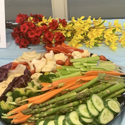 Veggies Crunchy Perfection: very popular! Delish creamy dipping dressing. Small paper plates ensured no double-dipping.