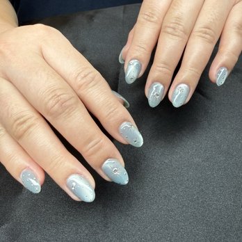 Nails N Nails - Builder gel manicure with blue velvet cat eye & silver designs - Nail Salons Near Me - San Jose, California