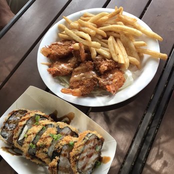 Dim 'N' Den Sum - Deep fried spam musubi and coconut shrimp with fries - Food Trucks Near Me - Koloa, Hawaii