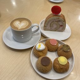 Latte, Rose Lychee Roll Cake and Choux