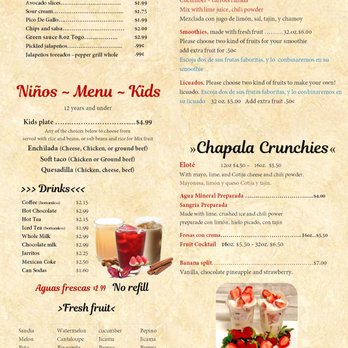 Chapala restaurant fruit cup - Menu - Drinks, Sides, Fruit, Kids Plates, and "Chapala Crunchies" (Prices retrieved on 3/15/2022) (Prices effective 3/2022) - Tacos Near Me - Round Rock, Texas Chapala restaurant fruit cup - Menu - Drinks, Sides, Fruit, Kids Plates, and "Chapala Crunchies" (Prices retrieved on 3/15/2022) (Prices effective 3/2022) - Tacos Near Me - Round Rock, Texas