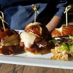 Assorted sliders.. Grilled cheese, Chicken Cordon Bleu, and turkey. All on soft pretzel buns.