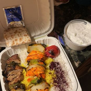 Darbari Persian Grill - Filet mignon Beef and Chicken Shish Kabob Combination Platter Must O' Kheyar - Persian/Iranian Near Me - Costa Mesa, California
