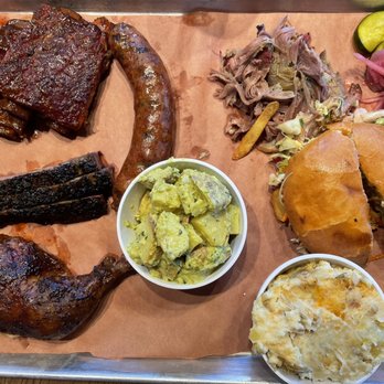 Hazy Barbecue - Small sampler (feeds 2-3), pulled chicken sandwich and sides of potato salad and cheesy mashed potatoes. - Salad Near Me - Danville, California Hazy Barbecue - Small sampler (feeds 2-3), pulled chicken sandwich and sides of potato salad and cheesy mashed potatoes. - Salad Near Me - Danville, California
