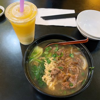 A+ Hong Kong Kitchen - ig: jennayyx3 • satay beef with instant noodles • mango smoothie with coconut milk and sago - Cantonese Near Me - Seattle, Washington