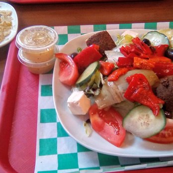 Sultan Doner Gyro - Mediterranean salad with hummus on left. Pita is out of frame. - Turkish Near Me - Pittsburgh, Pennsylvania