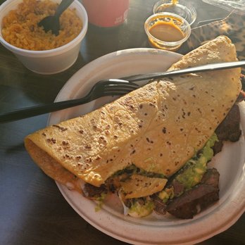 Suazo’s Tacos - Ribeye quesadilla and side of rice - Tacos Near Me - Stanton, California