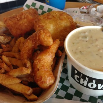 Pike Place Chowder - Pacific Place - Captain's platter (I think) + New England chowder - Seafood Near Me - Seattle, Washington