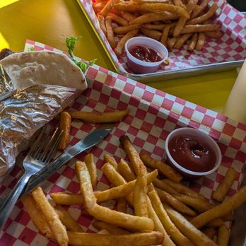 What About Kabobs - Gyro & Fries Combo with an extra side of fries. - Mediterranean Near Me - Tyler, Texas What About Kabobs - Gyro & Fries Combo with an extra side of fries. - Mediterranean Near Me - Tyler, Texas