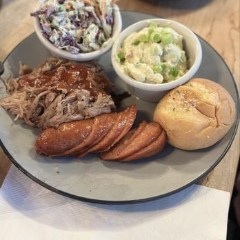Humo Barbecue - Two Meats - Two Sides = Pulled pork and hot link with honey mustard slaw and potato salad - Barbeque Near Me - Las Vegas, Nevada Humo Barbecue - Two Meats - Two Sides = Pulled pork and hot link with honey mustard slaw and potato salad - Barbeque Near Me - Las Vegas, Nevada