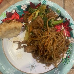 Potsticker, broccoli beef and chicken chow main was Potsticker, broccoli beef and chicken chow main was