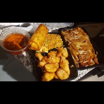 Orient House Express - Roast Pork Chow Fun and Honey Garlic Chicken combo plater w/ fried rice and egg roll - Chinese Near Me - Boca Raton, Florida