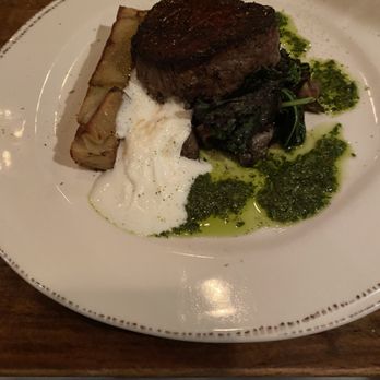 Dancing Bear Appalachian Bistro - Filet Mignon with chimichuri sauce, potato cake with goat cheese foamed sauce. - New American Near Me - Townsend, Tennessee