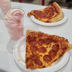 Pepperoni pizza and strawberry swirl ice cream