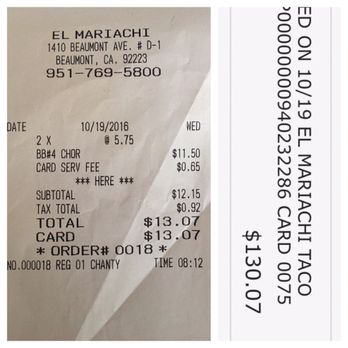 El Mariachi - CUSTOMERS BEWARE: do not use your debit card for purchase at El Mariachi! Cashier tried to charge $130 on my card & hand me a FAKE receipt. - Mexican Near Me - Beaumont, California El Mariachi - CUSTOMERS BEWARE: do not use your debit card for purchase at El Mariachi! Cashier tried to charge $130 on my card & hand me a FAKE receipt. - Mexican Near Me - Beaumont, California