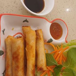 Noos Noodles - Chicken spring rolls with 2 sauces.   Soy sauce and sweet and sour sauce.
