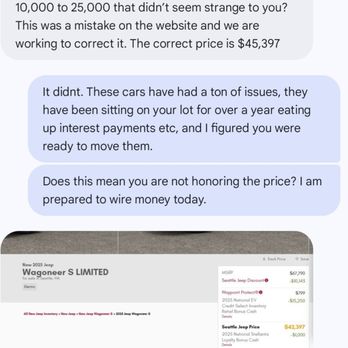 Seattle Jeep - "No Surprise" number = rudely accusing me of not knowing that the number wasn't legit. - Car Dealers Near Me - Seattle, Washington