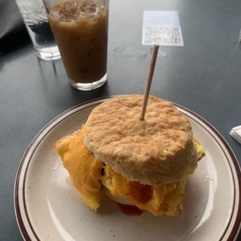 Denver Biscuit Co. - Colfax - The Tomahawk (Impossible Sausage) , Moms Iced Latte - Sandwiches Near Me - Denver, Colorado