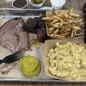 Heim Barbecue - 2 meat with brisket, bacon burnt ends, fries and spicy Mac and cheese - Barbeque Near Me - Fort Worth, Texas