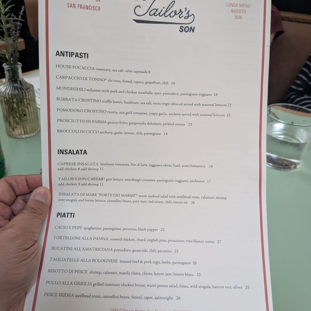 The Tailor's Son - 8/26/26 - Italian Near Me - San Francisco, California The Tailor's Son - 8/26/26 - Italian Near Me - San Francisco, California