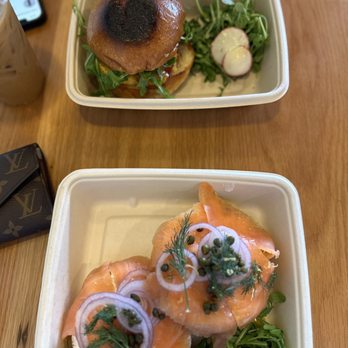 Frontier Café - Lox Bagel (bottoms) and Breakfast Sandwich (top) - Coffee & Tea Near Me - Yucca Valley, California Frontier Café - Lox Bagel (bottoms) and Breakfast Sandwich (top) - Coffee & Tea Near Me - Yucca Valley, California