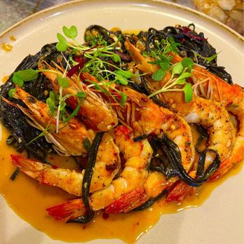 Bruschetta - Squid Ink pasta and head on prawns - Italian Near Me - Stateline, Nevada Bruschetta - Squid Ink pasta and head on prawns - Italian Near Me - Stateline, Nevada