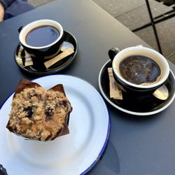 The Good Life Eatery - Gluten free blueberry muffin, two americanos