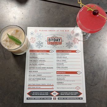 8th Day Distillery - Menu flanked by The Salty Dreidel on the left and the Ya Filthy Animal on the right - Distilleries Near Me - Indianapolis, Indiana