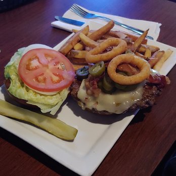 Jaxx Pub & Grill - Burger with mushrooms and onion rings. - Sports Bars Near Me - Glendale Heights, Illinois